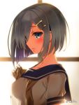  1girl arm_at_side blue_eyes blush breasts collarbone eyes_visible_through_hair from_side gloves hair_ornament hair_over_one_eye hairclip hamakaze_(kantai_collection) kantai_collection looking_at_viewer neckerchief parted_lips school_uniform see-through serafuku short_hair silhouette silver_hair sunlight tmsksa upper_body white_gloves window 