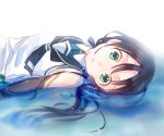  1girl amattle blue_hair elbow_gloves gloves green_eyes kantai_collection long_hair looking_at_viewer lying on_back parted_lips partially_submerged ribbon school_uniform serafuku sideways sleeveless solo suzukaze_(kantai_collection) twintails upper_body 