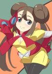  1girl alternate_costume breasts brown_hair closed_mouth double_bun eye_mask gloves highres long_hair looking_at_viewer mask nozumu pantyhose pokemon pokemon_(game) pokemon_bw2 red_gloves rosa_(pokemon) smile solo superhero the_riolu_girl twintails 