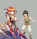  1boy 1girl :d artist_name bare_shoulders boots bow_(weapon) breasts brown_boots cleavage collarbone commentary_request copyright_name grey_background ishibashi_yosuke large_breasts looking_at_viewer mismatched_sleeves official_art open_mouth quiver red_legwear sash short_hair short_sleeves sitting smile spirit_migration thigh-highs tunic weapon zettai_ryouiki 