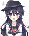  1girl akatsuki_(kantai_collection) black_hair blush clenched_hands commentary hat highres kantai_collection kvlen long_hair looking_at_viewer open_mouth school_uniform serafuku sideways_hat solo squiggle upper_body violet_eyes 