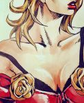  1girl araki_hirohiko_(style) blonde_hair bra breasts cleavage collarbone dress flower head_out_of_frame jojo_no_kimyou_na_bouken lipstick lucy_steel makeup qi_(bleachcxn) red_dress red_lipstick rose solo steel_ball_run strap_slip traditional_media underwear upper_body 