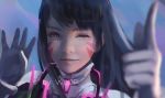  1girl ;) artist_name black_hair blurry bodysuit close-up closed_mouth d.va_(overwatch) depth_of_field eyelashes face facepaint facial_mark gloves long_hair looking_at_viewer one_eye_closed overwatch pointing pointing_up realistic smile solo whisker_markings white_gloves wlop 