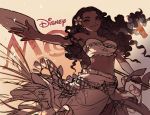  1girl bandeau curly_hair dark_skin disney flower hair_flower hair_ornament kawacy long_hair long_skirt looking_at_viewer midriff moana_(disney) moana_(film) navel oar outstretched_arm sarong skirt smile solo stomach 