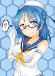  1girl blue_eyes blue_hair breasts commentary_request double_bun elbow_gloves glasses gloves highres kantai_collection large_breasts rainysnowy108 school_uniform serafuku solo urakaze_(kantai_collection) 