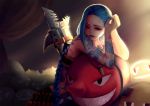  1girl ammunition_belt blue_hair braid highres jinx_(league_of_legends) league_of_legends ling_(vivianling) long_hair parted_lips red_eyes sitting solo tattoo topless very_long_hair 