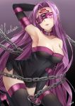  1girl arm_up armpits artist_name bare_shoulders black_gloves black_legwear blindfold breasts chain cleavage collar collarbone facial_mark fate/stay_night fate_(series) forehead_mark gloves hair_intakes kagami_com large_breasts leaning_forward long_hair looking_at_viewer parted_lips pink_eyes purple_hair rider simple_background smile solo thigh-highs very_long_hair 