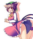  1girl :d animal_ears bent_knees blush bow bowtie brown_hair cat_ears cat_tail chen commentary_request dress fang hat highres jewelry liya long_sleeves looking_away mob_cap multiple_tails nekomata open_mouth red_dress red_eyes short_hair single_earring smile solo tail touhou two_tails yellow_bow yellow_bowtie 