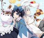  2boys alice_in_wonderland animal_ears apron back-to-back black_hair blue_eyes bow card checkerboard_cookie cookie cream_puff food hair_bow hakama haori japanese_clothes male_focus mole mole_under_eye multiple_boys playing_card pocket_watch ponytail rabbit_ears shinsengumi smile tea teapot touken_ranbu tsurumaru_kuninaga uguisu_mochi_(ykss35) watch white_hair yamato-no-kami_yasusada yellow_eyes 