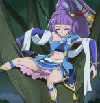  1girl bare_shoulders bracelet clenched_teeth closed_eyes cure_magical eyebrows haruyama_kazunori hat izayoi_liko jewelry magical_girl mahou_girls_precure! midriff mini_hat mini_witch_hat navel ponytail precure sapphire_style solo star teeth tree witch_hat 