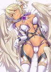  1girl bed_sheet breasts brown_eyes cleavage feathered_wings hawe_king lilith_(shinrabanshou) looking_at_viewer lying multiple_wings navel pointy_ears shinrabanshou short_hair silver_hair smile solo wings 