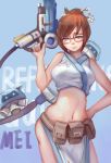  1girl absurdres adapted_costume bare_shoulders belt belt_pouch black-framed_glasses brown_eyes brown_hair canister character_name drone floating glasses gun hair_bun hair_ornament hairpin hand_on_hip highres holding holding_weapon hose mei_(overwatch) navel overwatch pelvic_curtain robot short_hair smile solo utility_belt weapon 