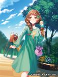  1girl bag blue_sky brown_eyes brown_hair clenched_hand clover_hair_ornament flower food green_clothes handbag ice_cream long_hair looking_at_viewer luck_&amp;_logic nanahoshi_yukari official_art outdoors sky slide smile solo standing tree watermark yuzu_shio 