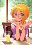  1girl bendy_straw bespectacled blonde_hair blush bracelet breasts cafe chair chin_rest cleavage closed_mouth coaster collarbone cup drink drinking_glass drinking_straw eyebrows eyebrows_visible_through_hair eyelashes fingernails floral_print glasses green_eyes heart heart_necklace highres idolmaster idolmaster_cinderella_girls jewelry lace_trim lips long_fingernails looking_at_viewer miyamoto_frederica off_shoulder omaru_gyuunyuu pink-framed_glasses shade sharp_fingernails short_hair sitting sitting_on_chair smile solo strap_slip table tree upper_body 