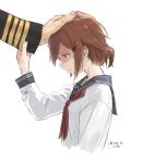  1girl admiral_(kantai_collection) artist_name brown_eyes brown_hair crying dated frown hair_ornament hairclip hand_on_another&#039;s_head hand_up ikazuchi_(kantai_collection) kantai_collection kawashina_(momen_silicon) looking_down profile sad school_uniform serafuku short_hair simple_background sketch sleeve_tug solo_focus tearing_up tears upper_body white_background 