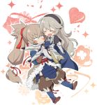  1boy 1girl armor barefoot blush brown_hair cape carrying chibi closed_eyes couple fire_emblem fire_emblem_if gloves hair_between_eyes hairband happy heart long_hair my_unit_(fire_emblem_if) open_mouth pointy_ears ponytail princess_carry remi_(remipote) silver_hair smile takumi_(fire_emblem_if) 