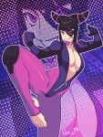  1girl black_hair breasts capcom center_opening cleavage eyepatch feet fighting_stance han_juri highres leg_up lilirulu looking_at_viewer smile solo street_fighter street_fighter_v toeless_legwear toes unzipped violet_eyes zipper 