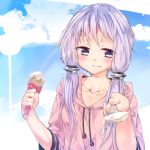  1girl blush clouds collarbone food food_on_face giving hair_ornament highres holding holding_food holding_spoon hood hood_down hoodie ice_cream looking_at_viewer purple_hair shirasagi_rokuwa short_hair_with_long_locks sidelocks sky smile solo spoon tongue tongue_out upper_body violet_eyes vocaloid voiceroid yuzuki_yukari 