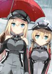  2girls :&gt; absurdres anchor_hair_ornament aqua_eyes bare_shoulders bismarck_(kantai_collection) blonde_hair blue_eyes brown_gloves commentary_request detached_sleeves gloves hair_ornament hat highres holding iron_cross kantai_collection light_brown_hair long_hair looking_at_viewer military military_uniform multiple_girls outdoors peaked_cap prinz_eugen_(kantai_collection) rain ryuki_(ryukisukune) signature smile twintails umbrella uniform wet wet_clothes wrist_cuffs 