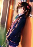  1girl aqua_bowtie bag black_hair blazer blurry bow bowtie cardigan depth_of_field dutch_angle earphones earphones from_side hair_bow hallway highres holding_bag indoors jacket kazuharu_kina long_sleeves looking_at_viewer love_live!_school_idol_project open_blazer open_clothes open_jacket open_mouth pleated_skirt poster_(object) red_bow red_eyes scan school_bag school_uniform skirt sleeves_past_wrists sliding_doors solo standing striped striped_bow striped_bowtie twintails yazawa_nico 