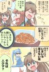  2girls asano_kazunari brown_hair closed_eyes comic commentary_request food green_eyes hair_between_eyes hair_ornament highres kantai_collection kuma_(kantai_collection) kumano_(kantai_collection) long_hair multiple_girls open_mouth translated 