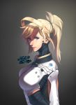  1girl 2016 artist_name black_background blonde_hair blue_eyes bodysuit breasts dated from_side gradient gradient_background headgear high_ponytail highres impossible_clothes impossible_shirt large_breasts lips mechanical_halo mercy_(overwatch) nose overwatch piyo_(pixiv_2308057) ponytail portrait shirt short_hair signature simple_background smile solo upper_body 
