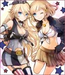  2girls america_(hetalia) american_flag_bra axis_powers_hetalia bangs black_gloves blonde_hair blue_eyes border breasts brown_skirt cleavage closed_mouth clothes_writing crop_top cropped_jacket crossover fingerless_gloves front-tie_top fur-lined_jacket garter_straps genderswap genderswap_(mtf) gloves hair_between_eyes hair_ornament harukoma head_to_head headgear iowa_(kantai_collection) jewelry kantai_collection large_breasts long_hair looking_at_viewer midriff miniskirt mismatched_legwear multiple_girls navel necklace number pendant pleated_skirt red_border see-through shirt short_hair skirt smile standing standing_on_one_leg star star-shaped_pupils star_hair_ornament star_print stomach striped striped_legwear swept_bangs symbol-shaped_pupils thighhighs tied_shirt vertical-striped_legwear vertical_stripes very_long_hair wink wrist_cuffs 