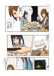  2girls :d akadou alternate_costume apron black_hair brown_eyes brown_hair chopsticks comic controller hirasawa_yui k-on! multiple_girls nakano_azusa open_mouth remote_control rice_bowl salad_bowl short_hair smile sweatdrop television translation_request twintails 