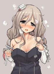  1girl bangs bare_shoulders blush breasts brown_eyes brown_hair cassandra_(seishun_katsu_sando) cleavage collarbone commentary eyebrows eyebrows_visible_through_hair grey_background hair_between_eyes heavy_breathing kantai_collection large_breasts long_hair long_sleeves looking_at_viewer nose_blush open_mouth pola_(kantai_collection) simple_background solo strap_slip sweat undressing upper_body wavy_hair 