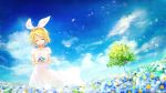  1girl blonde_hair blue_sky blush closed_eyes clouds commentary_request dress field flower flower_field hair_ornament hair_ribbon hairclip highres kagamine_rin nature outdoors ribbon short_hair sky smile solo tree vocaloid white_dress yuranpo 