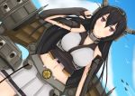  1girl black_gloves black_hair breasts brown_eyes cleavage collar collarbone fingerless_gloves gloves grey_skirt groin highres isane kantai_collection long_hair midriff nagato_(kantai_collection) navel pleated_skirt skirt solo 