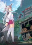  1girl ahoge animal_ears blue_eyes braid building clouds cloudy_sky forest fox_ears fox_tail from_behind full_body glasses grey_hair hair_ribbon highres loafers long_hair long_sleeves looking_at_viewer looking_back misaki_yuu_(dstyle) nature open_mouth original outdoors pleated_skirt ribbon ruins school_uniform serafuku shoes skirt sky solo sunlight tail thigh-highs white_legwear 