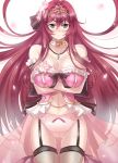  1girl black_bow bow bow_panties bra breasts cattleya_(flower_knight_girl) choker cleavage cowboy_shot crossed_arms flower flower_knight_girl frown hair_flower hair_ornament ishizu_kayu jewelry large_breasts long_hair necklace panties pink_panties redhead solo thigh_strap tiara underwear white_background yellow_eyes 