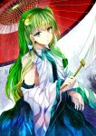  1girl bad_id blue_skirt detached_sleeves eyebrows eyebrows_visible_through_hair frog_hair_ornament gohei green_eyes green_hair hair_ornament hair_tubes highres kochiya_sanae long_hair looking_at_viewer oriental_umbrella sameya shirt skirt solo touhou umbrella upper_body white_shirt wide_sleeves wing_collar 