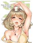  1girl alcohol armpits bare_shoulders blue_eyes blush breasts brown_hair cleavage commentary dress drunk glass green_eyes heterochromia highres idolmaster idolmaster_cinderella_girls jewelry looking_at_viewer mole mole_under_eye necklace saliva shiokonbu short_hair smile takagaki_kaede tongue tongue_out 