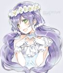  1girl character_name dated dress gloves green_eyes grey_background hair_bobbles hair_ornament happy_birthday head_wreath heart heart_hands long_hair love_live!_school_idol_project low_twintails nakayama_miyuki purple_hair simple_background solo toujou_nozomi twintails white_gloves 