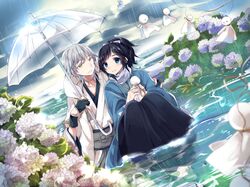  2boys black_gloves black_hair blue_eyes blurry depth_of_field dutch_angle flower gloves hakama hood hydrangea japanese_clothes leaf male_focus mole mole_under_eye multiple_boys partially_submerged partly_fingerless_gloves ponytail rain scarf smile teruterubouzu touken_ranbu tsurumaru_kuninaga uguisu_mochi_(ykss35) umbrella water white_hair yamato-no-kami_yasusada yellow_eyes 