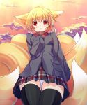  1girl :o animal_ears black_coat black_gloves black_legwear blonde_hair blush coat commentary_request contemporary fox_ears fox_tail gloves hands_on_own_chest liya long_sleeves looking_at_viewer multiple_tails no_hat panties pantyshot pantyshot_(standing) plaid plaid_skirt red_eyes school_uniform seifuku serafuku short_hair skirt solo standing tail thigh-highs touhou underwear white_panties yakumo_ran 