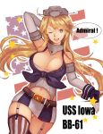  1girl american_flag blonde_hair blue_eyes breasts citrus_tsukiko cleavage elbow_gloves fingerless_gloves flag_background garter_straps gloves highres iowa_(kantai_collection) kantai_collection long_hair miniskirt one_eye_closed skirt star star-shaped_pupils symbol-shaped_pupils thigh-highs 