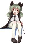  1girl anchovy blush brown_eyes cape chin_rest drill_hair girls_und_panzer green_hair hair_ribbon hand_on_own_chin highres loafers long_hair long_sleeves looking_at_viewer mugcup necktie open_mouth pantyhose ribbon riding_crop school_uniform shirt shoes sitting skirt smile solo twin_drills twintails white_legwear white_shirt 