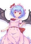  1girl ascot bat_wings blue_hair blush dev dress from_below hat hat_ribbon highres looking_at_viewer mob_cap puffy_sleeves red_eyes remilia_scarlet ribbon sash short_hair short_sleeves slit_pupils solo touhou wings 