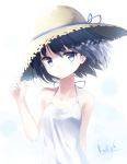  1girl arm_behind_back bare_shoulders black_hair blue_eyes collarbone dated dress hat hat_ribbon holding holding_hat looking_at_viewer makadamixa original ribbon short_hair signature smile solo straw_hat sundress upper_body white_dress wind 