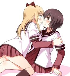  2girls blonde_hair blush bow brown_eyes brown_hair face-to-face from_side funami_yui hair_bow incipient_kiss kneehighs kneeling long_hair multiple_girls pleated_skirt profile school_uniform serafuku shirt short_hair short_over_long_sleeves sitting skirt toshinou_kyouko umekichi yuri yuru_yuri 