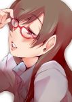  1girl adjusting_glasses bespectacled blush brown_eyes brown_hair collared_shirt fukui_sora glasses half-closed_eyes idolmaster idolmaster_cinderella_girls long_hair nitta_minami parted_lips pointy_ears red-framed_glasses shirt solo 