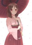  1girl brown_hair drill_hair erezu hakama harukaze_(kantai_collection) highres japanese_clothes kantai_collection kimono long_hair meiji_schoolgirl_uniform red_eyes twin_drills umbrella 