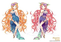  1girl bare_shoulders blue_dress blush bracelet breasts cleavage copyright_name dress dual_persona flower hair_flower hair_ornament jewelry leg_up long_dress long_hair looking_at_viewer monster_poker official_art orange_hair original pearl pink_hair purple_dress side_slit standing thigh_strap veil very_long_hair wavy_hair white_background yeni 