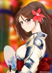  1girl amagi_(kantai_collection) breasts brown_eyes brown_hair eyebrows eyebrows_visible_through_hair flower hair_flower hair_ornament kantai_collection large_breasts long_hair looking_at_viewer looking_to_the_side mokerou ponytail solo 