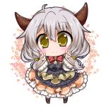  1girl blush breasts chibi doraf double_v dress frilled_dress frills granblue_fantasy hair_between_eyes horns kumuyu leaf leaf_background long_hair long_sleeves looking_at_viewer maple_leaf noai_nioshi ribbon silver_hair simple_background smile twintails v wide_sleeves yellow_eyes 