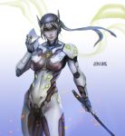  1girl armor blue_background bodysuit breasts character_name chromatic_aberration cowboy_shot cyborg embers genderswap genderswap_(mtf) genji_(overwatch) gradient gradient_background green_eyes helmet highres holding holding_sword holding_weapon katana large_breasts lips long_hair looking_at_viewer mask mask_removed nose overwatch pack_(pack_kuchu) ponytail scar scar_across_eye silver_hair solo sword weapon white_background 