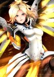 1girl blonde_hair blue_eyes bodysuit breasts gloves go-it high_ponytail lips long_hair looking_at_viewer mechanical_halo mechanical_wings mercy_(overwatch) overwatch pantyhose ponytail smile solo wings 